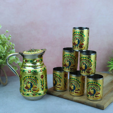 Lemon Set | Peacock & Flower Meenakari Glass Jug Set | Stainless Steel Water Jug with 6 Glasses | Return Gifts