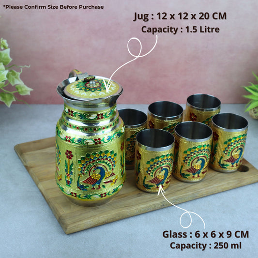 Lemon Set | Peacock & Flower Meenakari Glass Jug Set | Stainless Steel Water Jug with 6 Glasses