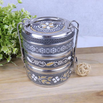 Stainless Steel Tiffin Box | Meenakari Multi Layer Lunch Box with Handle & Lock Lid | Food Carrier for Office, Travel & Home | Return Gift