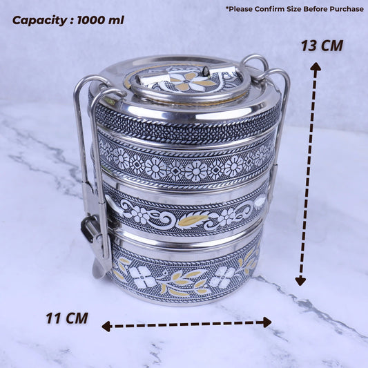 Stainless Steel Tiffin Box | Meenakari Multi Layer Lunch Box with Handle & Lock Lid | Food Carrier for Office, Travel & Home | Return Gift