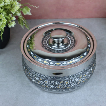 Stainless Steel Casserole / Hot Pot with Lid – Silver Oxidized Meenakari Chapati Box, Hot Case & Serving Pot | Ideal Return Gift