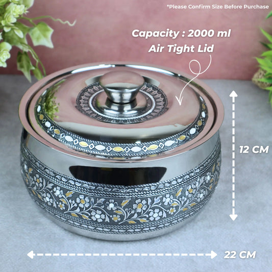 Stainless Steel Casserole / Hot Pot with Lid – Silver Oxidized Meenakari Chapati Box, Hot Case & Serving Pot | Ideal Return Gift