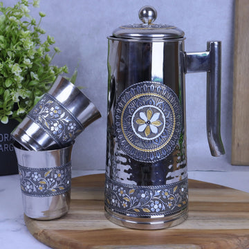 Jug Glass Set | Stainless Steel Meenakari Silver Oxidized Water & Lemon Serving Set with Glasses | Return Gift Drinkware
