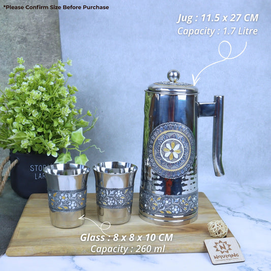 Jug Glass Set | Stainless Steel Meenakari Silver Oxidized Water & Lemon Serving Set with Glasses | Return Gift Drinkware