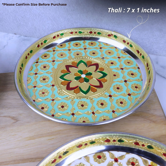 Stainless Steel Pooja Thali Set | Meenakari Decorative Aarti Plate for Mandir & Festive Rituals | Multicolor Pooja Plate | Return Gift