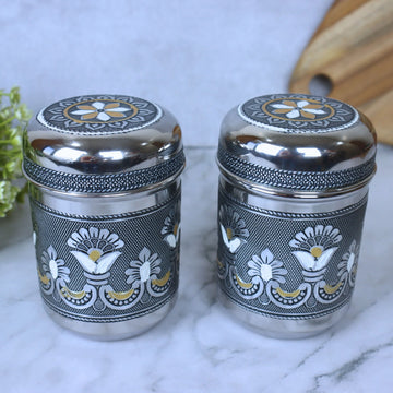 Round Deep Dabba Set | Stainless Steel Silver Oxidized Meenakari Kitchen Containers | Return Gift