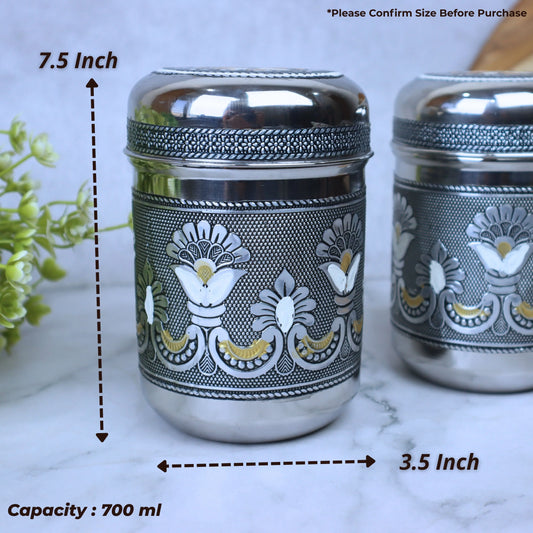 Round Deep Dabba Set | Stainless Steel Silver Oxidized Meenakari Kitchen Containers | Return Gift