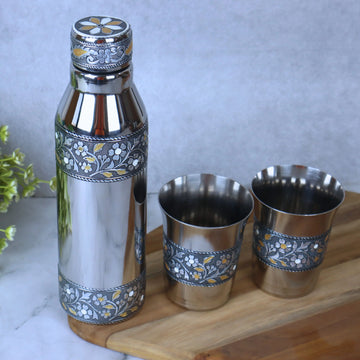 Bottle Glass Set | Stainless Steel Meenakari Water Bottle with 2 Glasses | Return Gift Drinkware