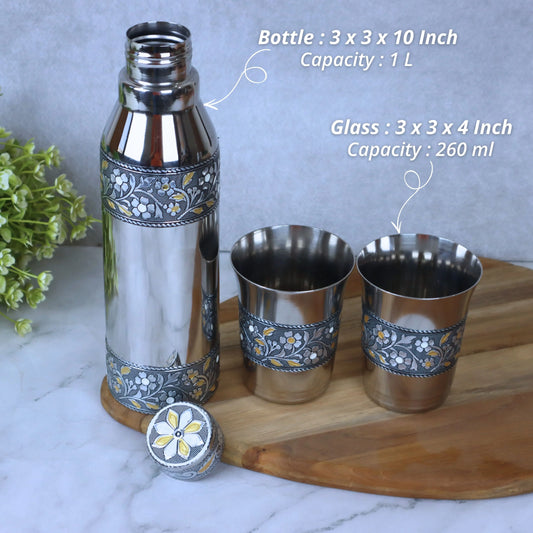 Bottle Glass Set | Stainless Steel Meenakari Water Bottle with 2 Glasses | Return Gift Drinkware