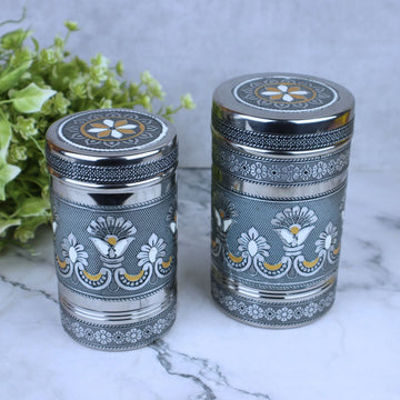 Deep Dabba Set | Stainless Steel Silver Oxidized Meenakari Kitchen Containers with Lid | Return Gift