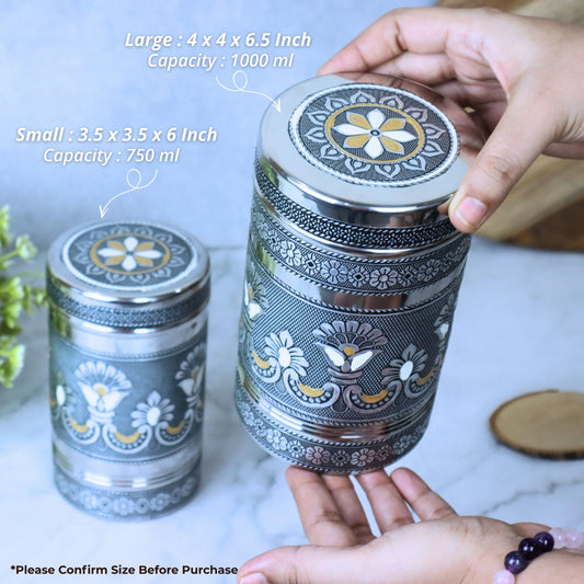 Deep Dabba Set | Stainless Steel Silver Oxidized Meenakari Kitchen Containers with Lid | Return Gift