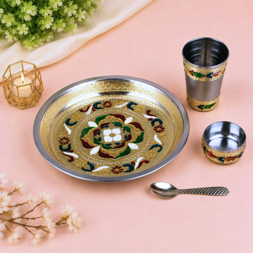 Laddu Gopal Bhog Thali Set | Stainless Steel Meenakari Pooja Set with Bowl, Glass & Spoon | Return Gift