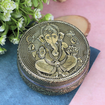 Ganesha Utility Container | Stainless Steel Golden Oxidized Meenakari Tiffin Box & Laddu Box | Return Gift