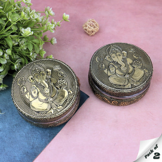 Ganesha Utility Container | Stainless Steel Golden Oxidized Meenakari Tiffin Box & Laddu Box | Return Gift