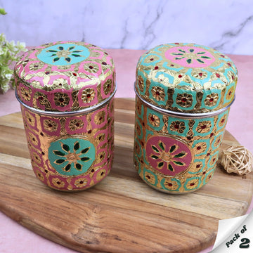 Tea Sugar Containers Set | Stainless Steel Meenakari Kitchen Storage Jars | Return Gift