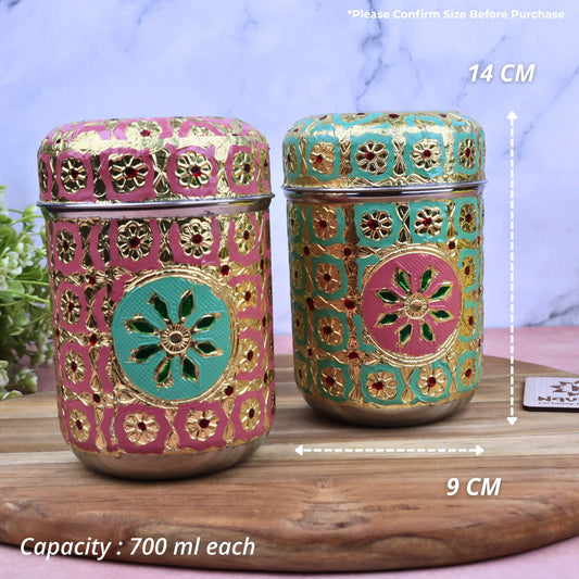 Tea Sugar Containers Set | Stainless Steel Meenakari Kitchen Storage Jars | Return Gift