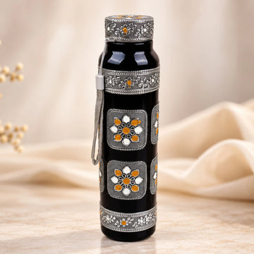 NAVRANG Stainless Steel Water Bottle 1 Litre | Black Meenakari Floral Design, Leakproof BPA-Free Single Wall Bottle