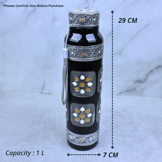 NAVRANG Stainless Steel Water Bottle 1 Litre | Black Meenakari Floral Design, Leakproof BPA-Free Single Wall Bottle