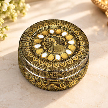 Golden Oxidized Peacock Meenakari Box 300 ml | Stainless Steel Puri Box for Snacks, Dry Fruits & Sweets