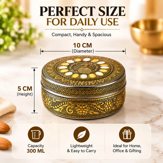 Golden Oxidized Peacock Meenakari Box 300 ml | Stainless Steel Puri Box for Snacks, Dry Fruits & Sweets