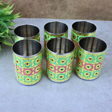NAVRANG Stainless Steel Meenakari Glass Set of 6 | Multicolor Floral Drinking Glasses & Water Tumblers