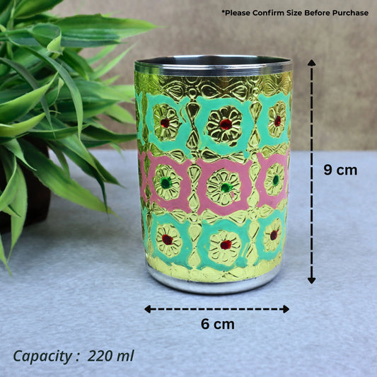 NAVRANG Stainless Steel Meenakari Glass Set of 6 | Multicolor Floral Drinking Glasses & Water Tumblers