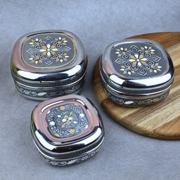 Silver Oxidized Meenakari Container Set of 3 | Stainless Steel Puri Dabba, Roti Box & Snacks Storage
