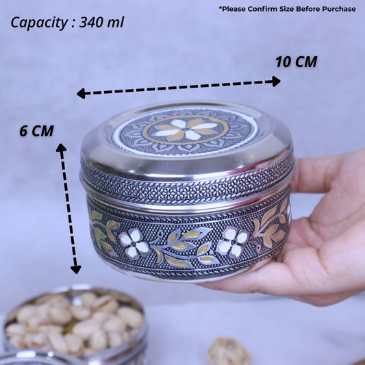 Stainless Steel Storage Container with Lid | Meenakari Decorative Kitchen Dabba for Dry Fruits, Snacks & Puri | Multipurpose Box | Return Gift