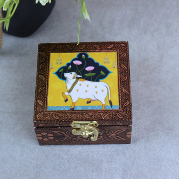 Handmade Wooden Pichwai Design Jewellery & Pooja Box with Lock – Kamdhenu Keepsake Organizer | Return Gift