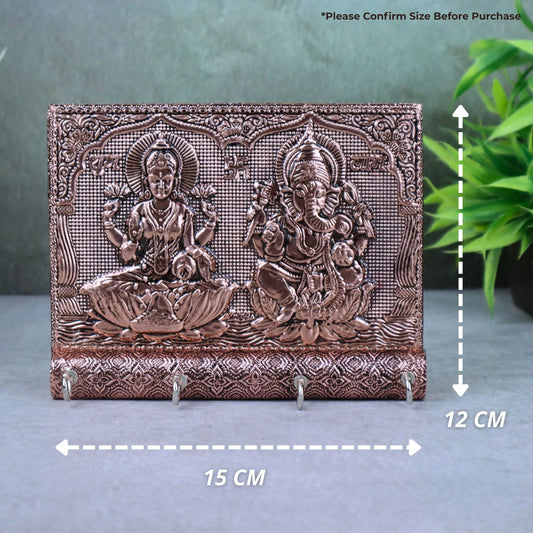 Wooden Key Holder with Lakshmi Ganesha Embossed Copper Design – Meenakari Key Stand for Wall | Return Gift