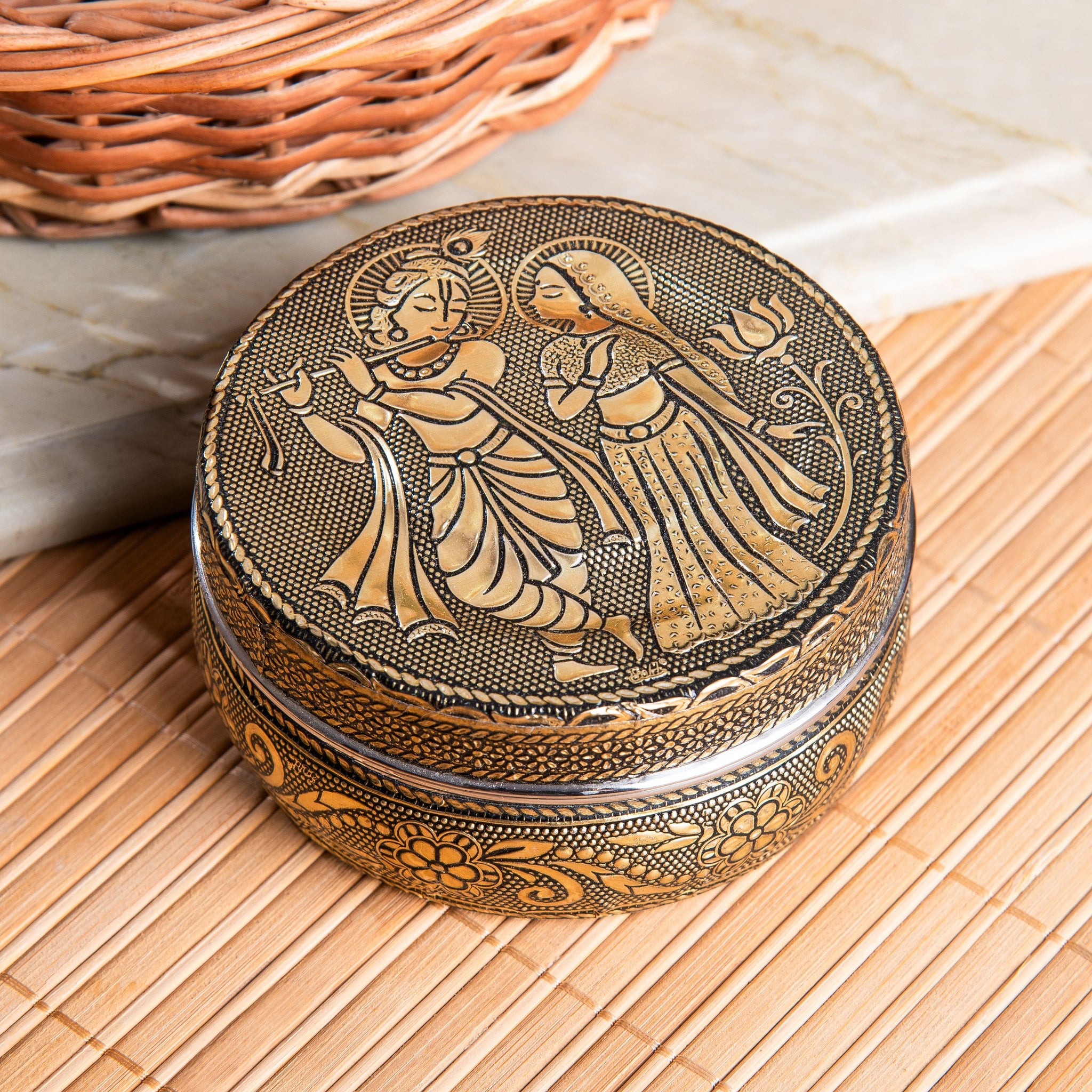Stainless Steel Container with Lid | Radha Krishna Oxidized Meenakari Snack Box | Steel Dabba for Kitchen Storage | Dry Fruit, Pooja, Tiffin, Spice & Gift Use – 300 ml