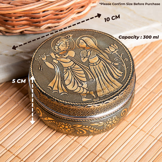 Stainless Steel Container with Lid | Radha Krishna Oxidized Meenakari Snack Box | Steel Dabba for Kitchen Storage | Dry Fruit, Pooja, Tiffin, Spice & Gift Use – 300 ml