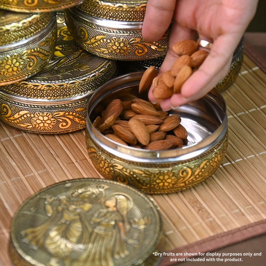 Stainless Steel Container with Lid | Radha Krishna Oxidized Meenakari Snack Box | Steel Dabba for Kitchen Storage | Dry Fruit, Pooja, Tiffin, Spice & Gift Use – 300 ml
