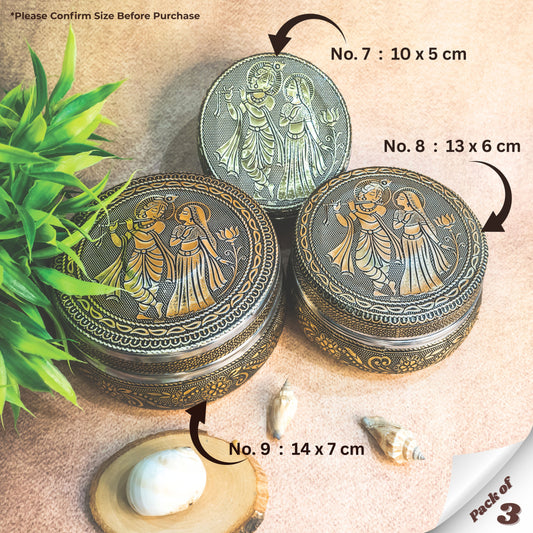 Stainless Steel Container with Lid | Radha Krishna Oxidized Meenakari Snack Box | Steel Dabba for Kitchen Storage | Dry Fruit, Pooja, Tiffin, Spice & Gift Use (Pack of 3)