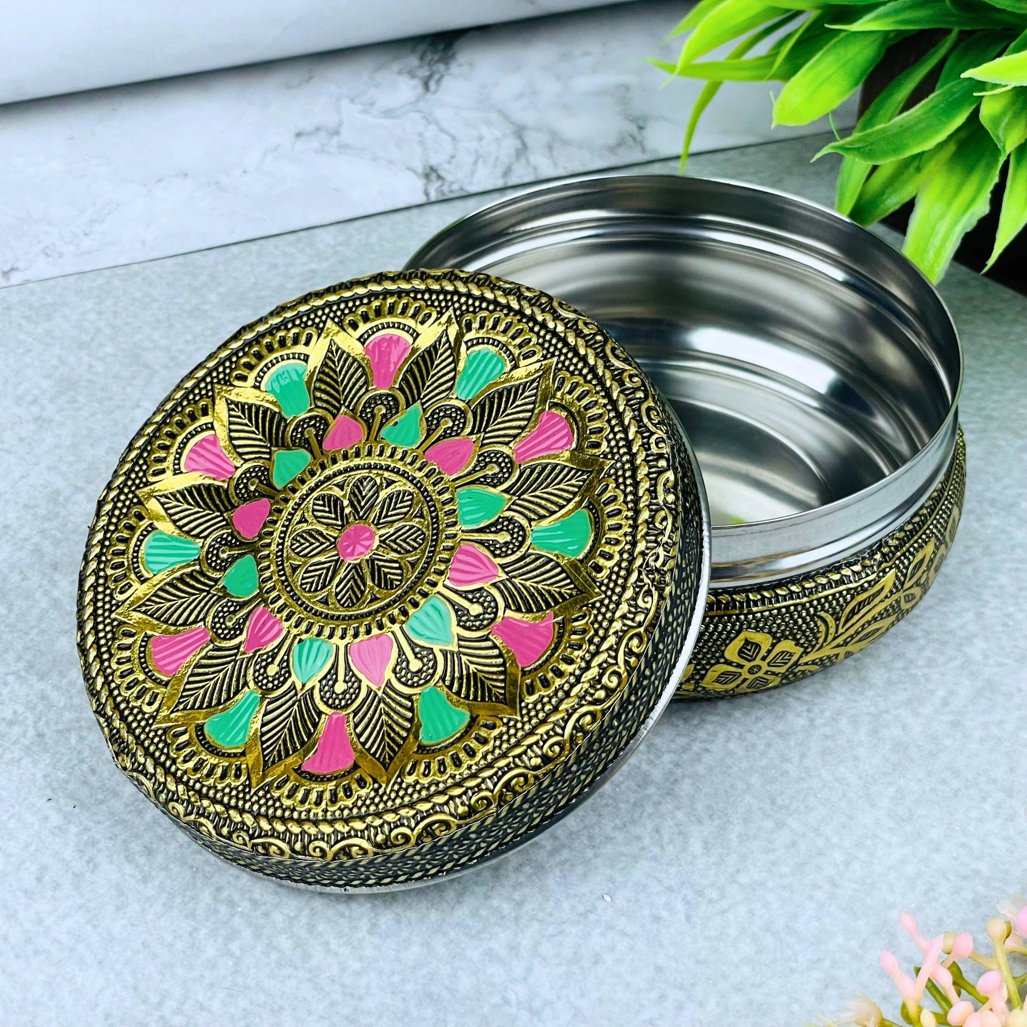 Steel Container with Lid Kitchen Storage | Floral Mandala Oxidized Meenakari Snack Box