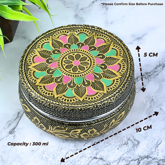Steel Container with Lid Kitchen Storage | Floral Mandala Oxidized Meenakari Snack Box