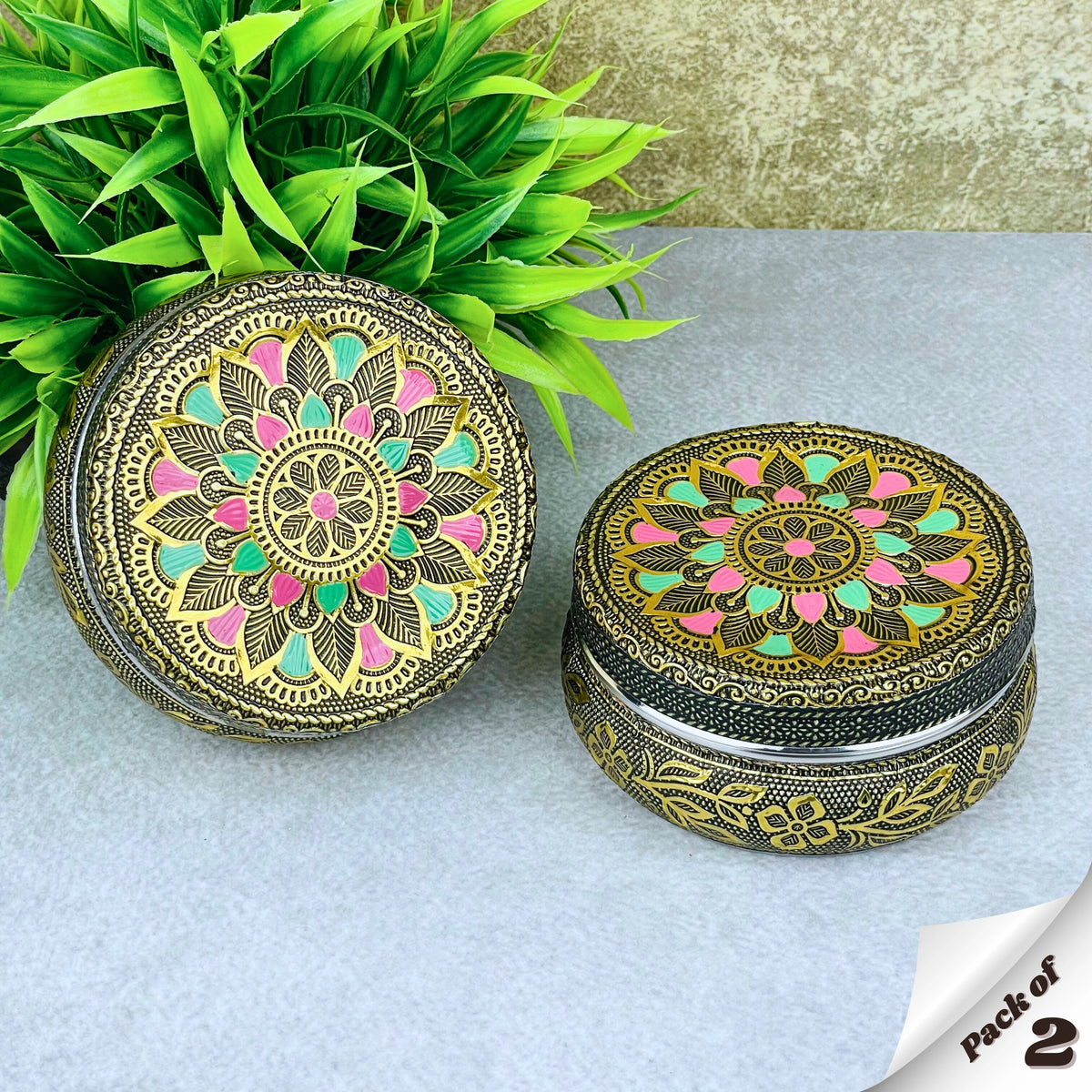 Whimsy Metal Containers Steel Container with Lid Kitchen Storage | Floral Mandala Oxidized Box
