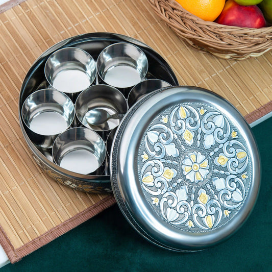 Spice Box Stainless Steel Masala Box | Meenakari Container with 7 Bowls & Spoon