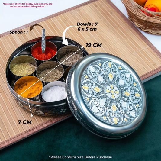 Spice Box Stainless Steel Masala Box | Meenakari Container with 7 Bowls & Spoon