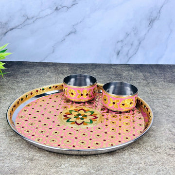 Stainless Steel Meenakari Pooja Thali Set with 2 Bowls | Decorative Floral Design Aarti Plate