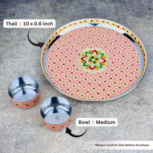 Stainless Steel Meenakari Pooja Thali Set with 2 Bowls | Decorative Floral Design Aarti Plate