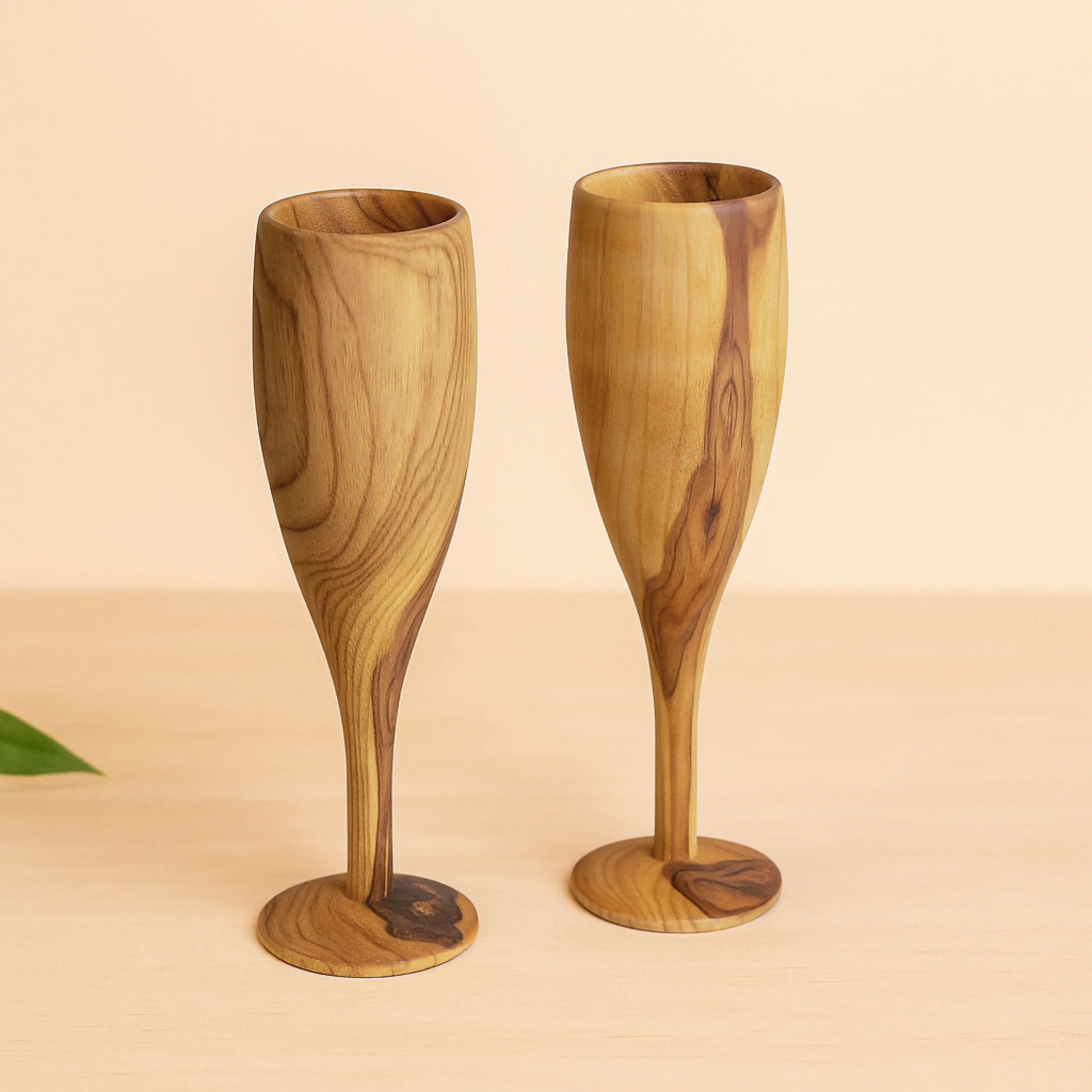 Wooden Champagne Glasses Set of 2 | Handcrafted Teak Wood Flutes for Parties