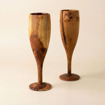 Wooden Champagne Glasses Set of 2 | Handcrafted Teak Wood Flutes for Parties