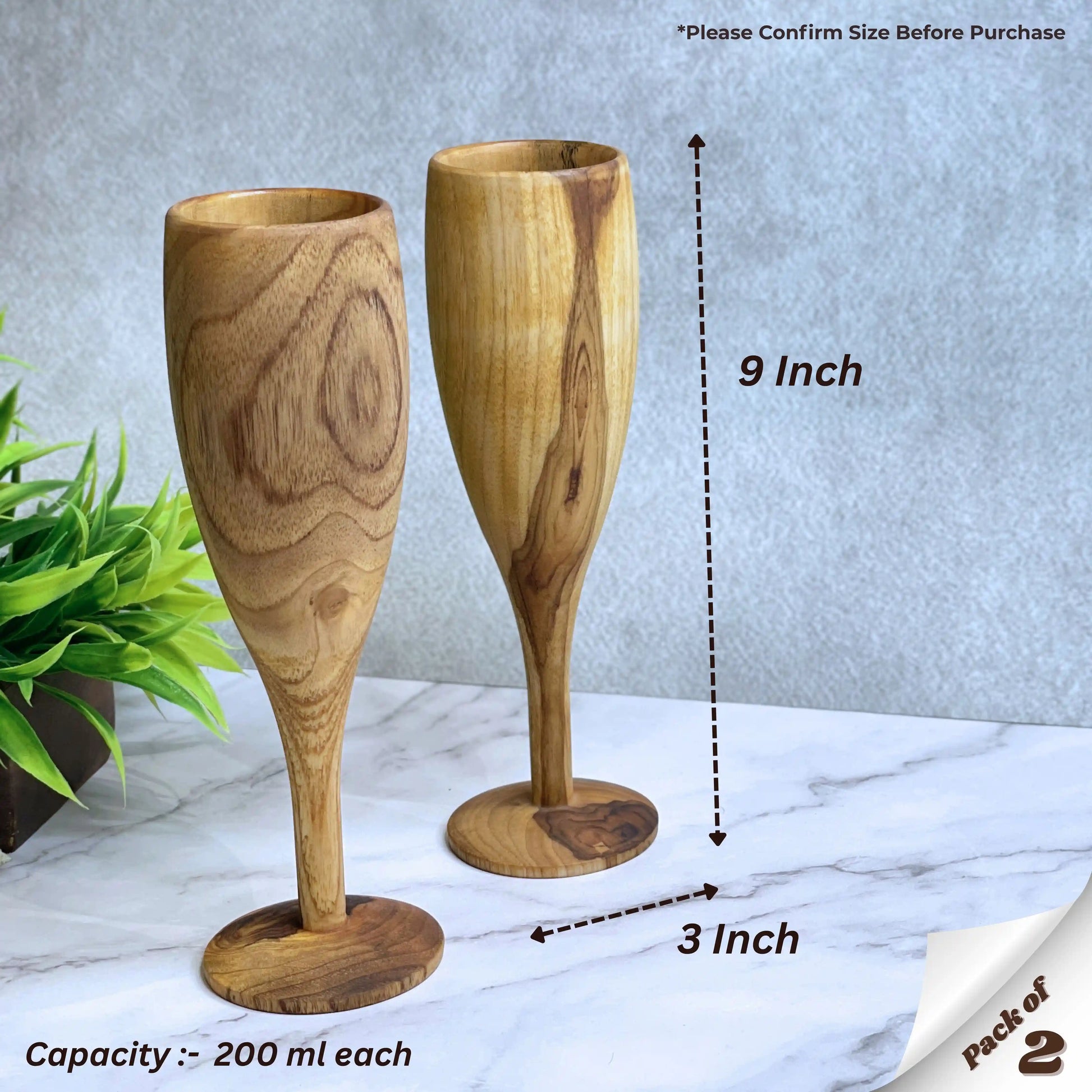 Wooden Champagne Glasses Set of 2 | Handcrafted Teak Wood Flutes for Parties