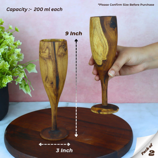 Wooden Champagne Glasses Set of 2 | Handcrafted Teak Wood Flutes for Parties