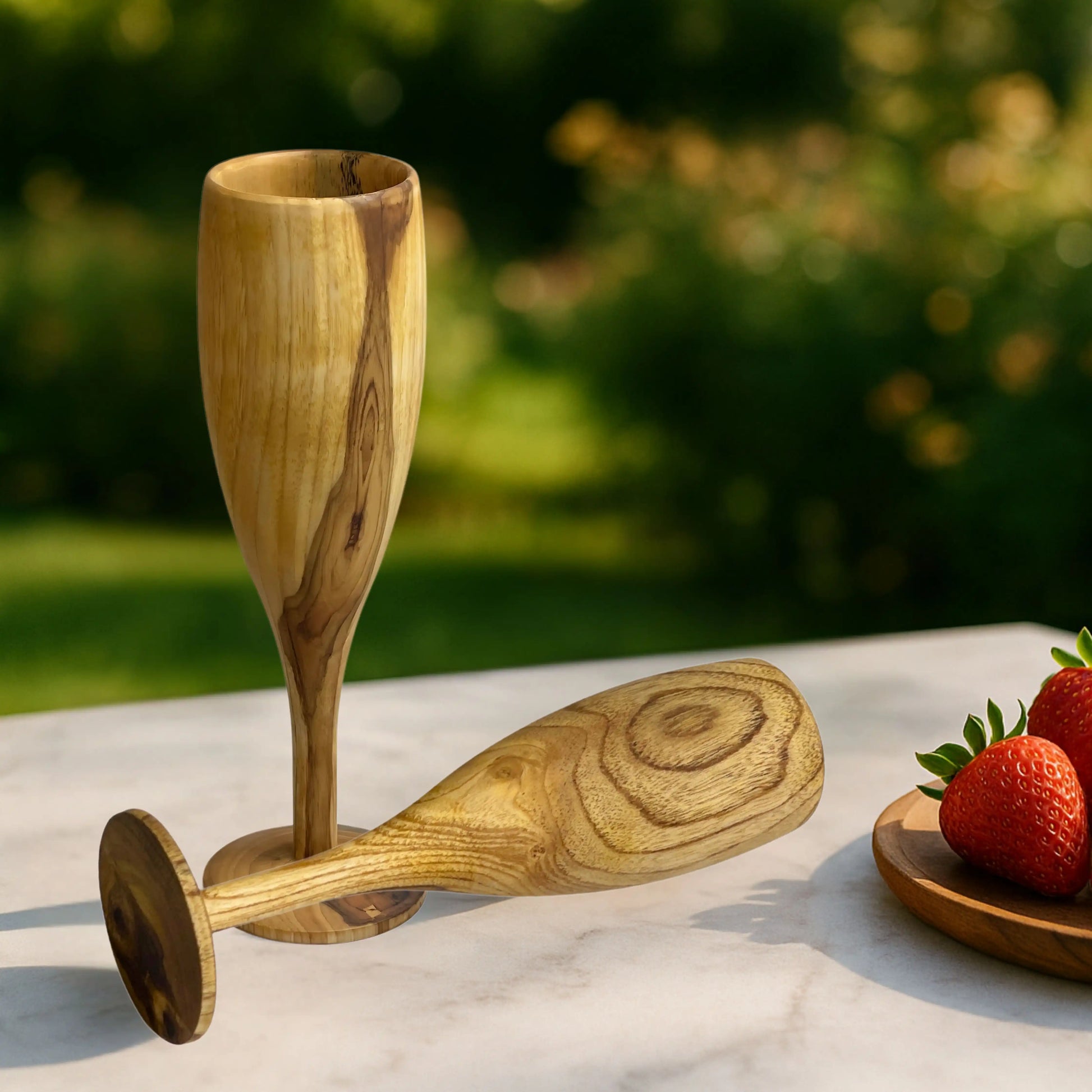 Wooden Champagne Glasses Set of 2 | Handcrafted Teak Wood Flutes for Parties
