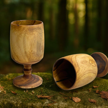 Wine Goblet Wooden Stand Glass Set of 2 | Rustic Handcrafted Drinkware for Home