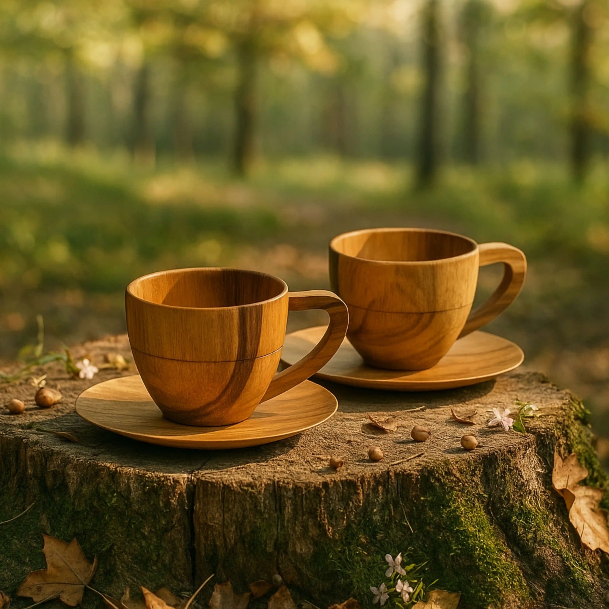 Wooden Tea Cup & Saucer Set of 2 | Handcrafted Teak Wood Cups with Plates