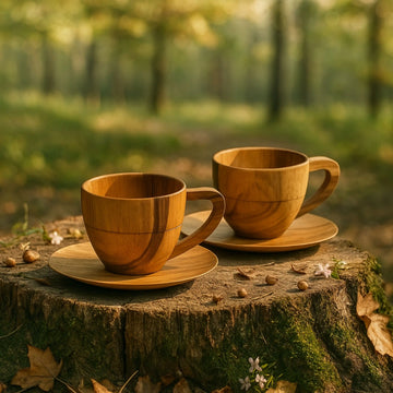 Wooden Tea Cup & Saucer Set of 2 | Handcrafted Teak Wood Cups with Plates