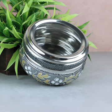 Steel Container with Transparent Lid Kitchen Storage Tiffin Box Puri/Poori Box/Dabri | See Thru Oxidized Meenakari Snack Box (Silver) | Return Gifts